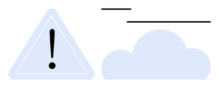 Exclamation mark inside a triangular warning sign paired with a stylized cloud and horizontal lines. Ideal for caution, alert, weather, warning, climate, security, risk. Flat simple metaphorのイラスト素材