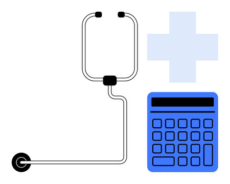 Stethoscope alongside a calculator under a medical cross highlights healthcare expense, financial planning, and cost evaluation. Ideal for finance, medicine, calculation, insurance, data, planningのイラスト素材