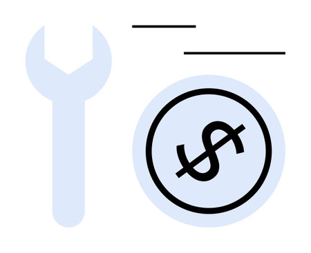 Wrench and crossed-out dollar symbol emphasizing cost-free repair, DIY service, or affordable maintenance. Ideal for economy, customer support, business strategy, repair services, monetary savingsのイラスト素材