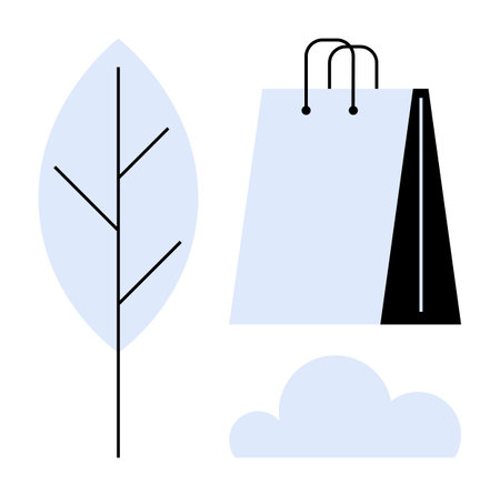 Minimalist design of a reusable shopping bag, leaf, and cloud promoting eco-consciousness. Ideal for sustainability, environment, eco-commerce, green lifestyle, nature, zero waste flat simpleのイラスト素材
