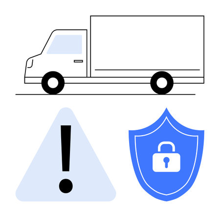 Truck in transit near an alert triangle and locked shield emphasizing secure transportation, risk mitigation, and safe delivery. Ideal for logistics, safety, shipment security, risk managementのイラスト素材