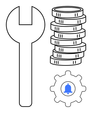 Wrench, stacked coins, and gear with notification bell emphasize maintenance, financial planning, alerts, and settings. Ideal for themes thumbs up technology, efficiency, economics productivityのイラスト素材