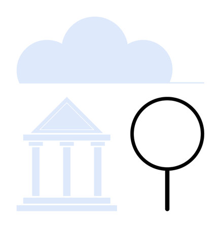 Cloud above bank building and magnifying glass symbolizing search, connection, data access. Ideal for technology, finance, law, organization, research innovation development. Flat simple metaphorのイラスト素材