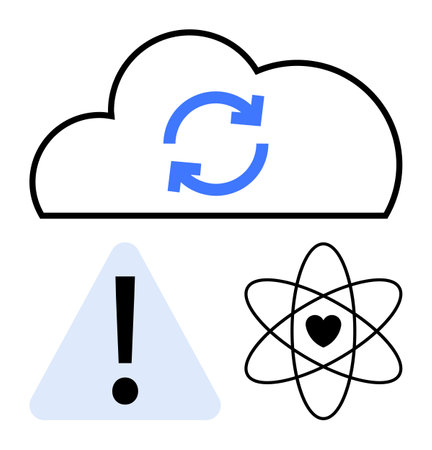 Cloud with sync arrows, caution triangle, and atom outline with heart in center. Ideal for technology, data management, science, care, caution cloud computing connection. Flat simple metaphorのイラスト素材