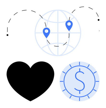 Globes with location markers, a heart, and a coin illustrate global travel, finance, connection, charity. Ideal for business, e-commerce, social good nonprofits funding sustainability flat simpleのイラスト素材