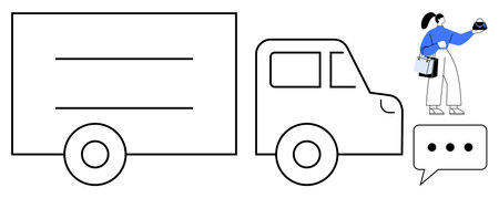 Courier holding package standing beside delivery truck, speech bubble indicates communication. Ideal for logistics, shipping, delivery services, e-commerce, customer support, parcel trackingのイラスト素材