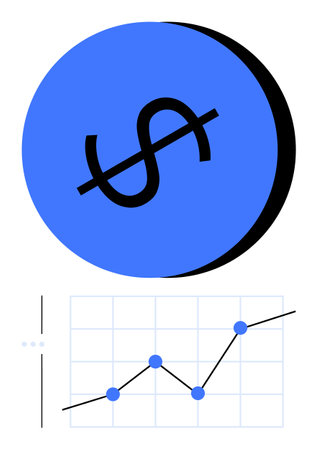 Dollar symbol in bold blue circle paired with a rising line graph with data points. Ideal for business, economics, finances, profitability, projections, data analytics, abstract line flat metaphorのイラスト素材