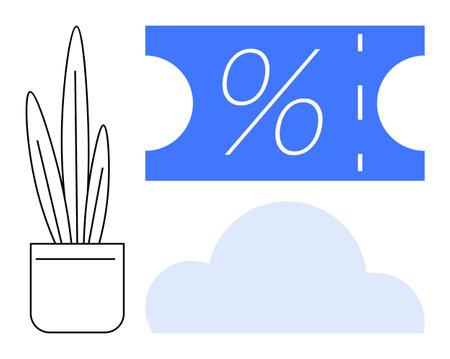 Discount coupon with percentage sign next to potted plant and light blue cloud. Ideal for marketing, online shopping, eco-friendly promotions, discounts, minimalistic design, savings, nature-focusedのイラスト素材