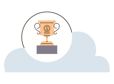 Gold award cup with handles and ribbon on a podium. Ideal for success, achievement, recognition, leadership, victory, motivation, and reward concepts. Minimalist flat color iconのイラスト素材