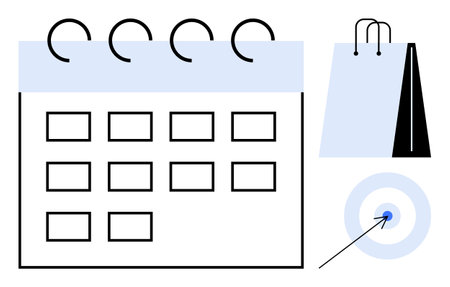 Calendar with grid, shopping bag, and target with arrow emphasize planning, scheduling, and goal achievement. Ideal for time management, shopping, productivity, goal-setting retail strategyのイラスト素材