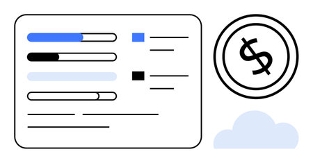 Progress bars, tasks, and dollar coin emphasize financial tracking, goals, and cloud services. Ideal for finance, budgeting, progress monitoring, business strategy data visualization technologyのイラスト素材