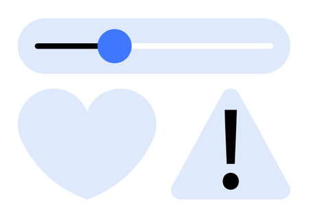 Blue slider bar, heart shape, and exclamation mark inside a triangle combine to represent interaction, preferences, and warnings. Ideal for UIUX design, technology, alerts, emotions feedbackのイラスト素材
