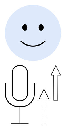 happy face above microphone, flanked by two upward arrows, representing positive communication, amplified growth, and optimism. Ideal for audio, progress, success, motivation feedback customerのイラスト素材