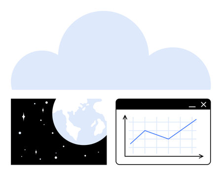 Cloud above Earth illustration paired with a data chart highlights global communication, analytics, space tech. Ideal for data science, innovation, cloud apps, globalization, exploration themesのイラスト素材