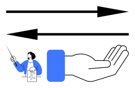 Black arrows pointing opposite directions, an open hand gesture icon, and a person holding a pointer with a document. Ideal for communication, guidance, decision-making, teaching, directionのイラスト素材