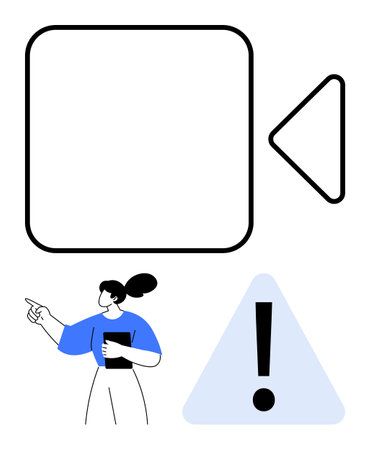 Video camera icon, triangular warning sign with exclamation mark, woman holding a clipboard pointing. Ideal for tutorials, compliance, troubleshooting, warnings, notifications, video guidelinesのイラスト素材