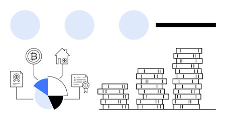 Pie chart connecting cryptocurrency, real estate, certificate to investment diversification. Stacks of coins symbolizing financial growth. Ideal for finance, investment strategies, budgeting, wealthのイラスト素材