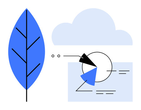 Blue leaf alongside a cloud, with a pie chart and data visualization elements. Ideal for sustainability, technology, environment, eco-friendly business, data analysis, innovation modern tools. Flatのイラスト素材