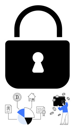 Padlock in center symbolizes security. Below are cryptocurrency, wallet, home, documents, pie chart. Ideal for finance, blockchain security investments privacy banking fintech. Flat simpleのイラスト素材
