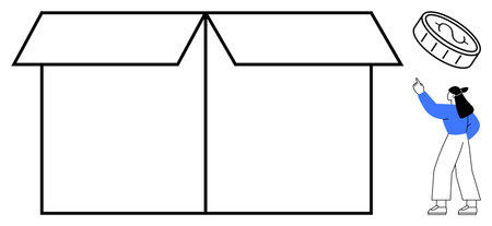 Open box with person pointing toward a floating coin, conveying potential, exploration, and value. Ideal for finance, innovation, storage, opportunity commerce discovery and logistics. Flat simpleのイラスト素材