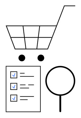 Shopping cart illustration with checklist and magnifying glass highlighting e-commerce processes. Ideal for online shopping, product search, purchase organization, quality checking, inventoryのイラスト素材