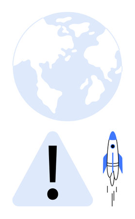 Earth globe paired with rocket launch and triangular warning sign highlighting themes of global challenges, innovation, exploration, and progress. Ideal for technology, science, sustainabilityのイラスト素材