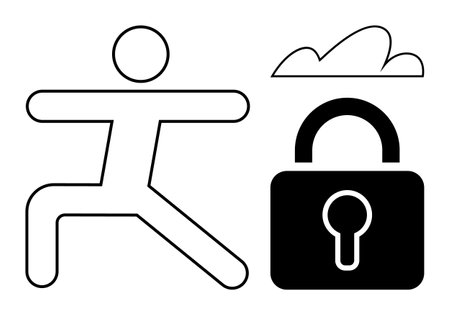 Stick figure in lunge position, solid padlock, and cloud outline. Ideal for cybersecurity, protection, physical activity, balance, online safety adaptability digital wellness. Flat simple metaphorのイラスト素材