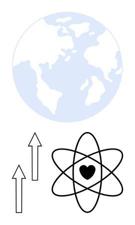 Earth with an atom holding a heart beneath upward arrows. Ideal for themes of sustainability, science, energy, growth, innovation, universal care, and global thinking. Flat simple metaphorのイラスト素材