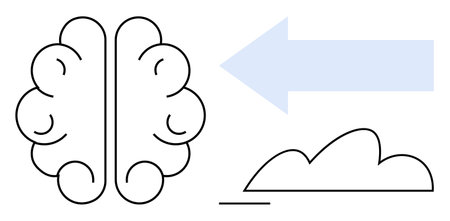 Outline of a brain linked to a cloud with an arrow conveying connection, data transfer, thinking, creativity, innovation, science, and cloud computing. Ideal for technology, AI and educationのイラスト素材