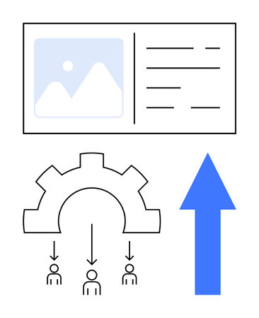 Diagram of document interface, cogwheel distributing tasks to individuals, and upward arrow representing growth. Ideal for collaboration, efficiency, innovation, management, productivity, automationのイラスト素材