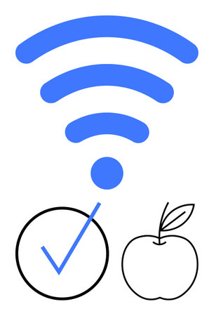 Blue wireless symbol, circle with checkmark, and simple apple icon represent technology, approval, and healthy living. Ideal for communication, networking, health, education nutrition productivityのイラスト素材