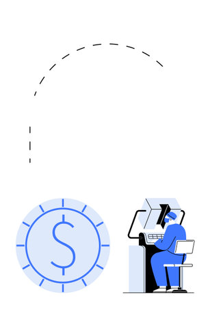 Person seated at workstation with computer screen, large dollar coin indicating earnings, transactions, or investments. Ideal for finance, technology, automation, business, cryptocurrencyのイラスト素材
