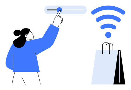 Woman interacts with toggle switch, enabling online shopping, represented by wireless signal and shopping bag. Ideal for e-commerce, wireless connection, digital purchase, retail, technology, userのイラスト素材