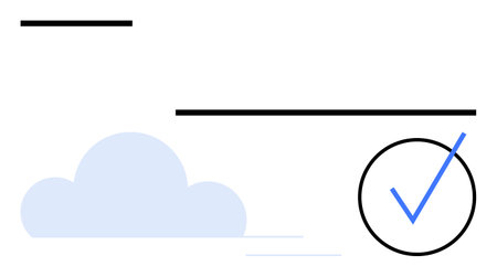 Minimalist composition with a blue cloud and a bold checkmark inside a circle. Ideal for ideas about success, approval, cloud computing, validation, completion, progress, confirmation. Flat simpleのイラスト素材