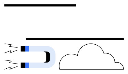 Magnet emitting signals near outlined cloud. Ideal for technology, connectivity, data, attraction, cloud computing, networking, innovation. Flat simple metaphorのイラスト素材