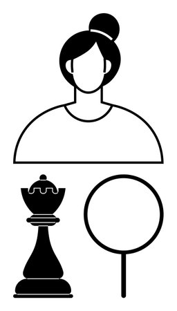 Monochrome design featuring a woman, chess king piece, and magnifying glass. Ideal for strategy, leadership, decision-making, focus, analysis empowerment problem-solving. Flat simple metaphorのイラスト素材