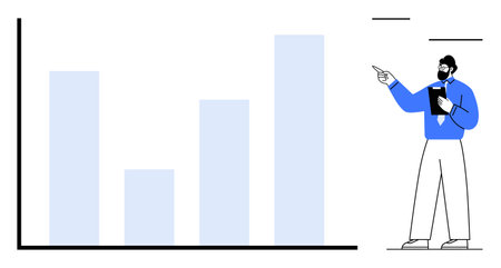 Person presenting upward bar chart data using hand gestures and holding a clipboard. Ideal for data analysis, teamwork, business growth, education, planning, reports, and strategy. Flat simpleのイラスト素材