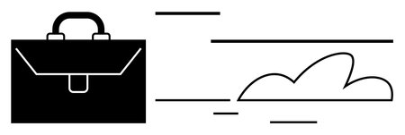 Black briefcase with speed lines and cloud element suggesting business travel, efficiency, and innovation. Ideal for business, mobility, productivity, technology, cloud services, workflow flatのイラスト素材