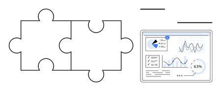 Two interlocked puzzle pieces next to an analytics dashboard displaying charts and graphs. Ideal for collaboration, teamwork, strategy, analytics, integration, solutions, growth. Flat simple metaphorのイラスト素材