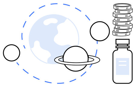 Planet Earth, planets, stacked coins, medical vial symbolizing healthcare funding, planetary responsibility. Ideal for global health, sustainability, innovation, research community progressのイラスト素材