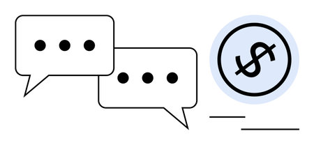 Two speech bubbles with discussion dots connecting to a dollar icon. Ideal for communication,...