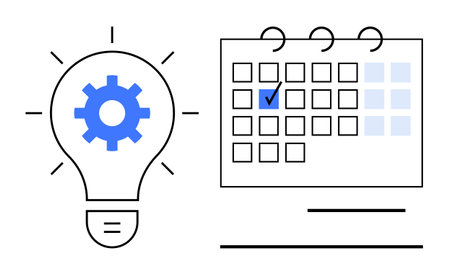 Lightbulb with gear for innovation next to a calendar with marked date. Ideal for productivity,...