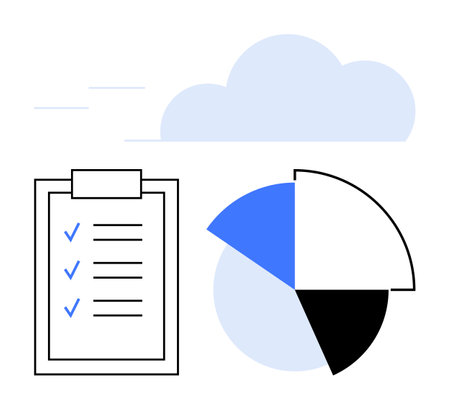 Checklist with tick marks, pie chart with colored segments, light blue cloud behind. Ideal for productivity, planning, analytics, goals, organization data strategy. Flat simple metaphorのイラスト素材