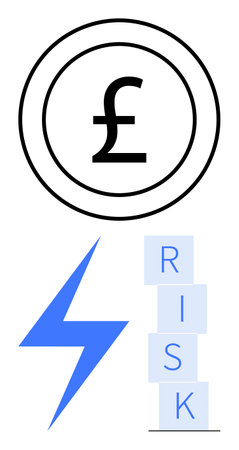 Pound currency sign in a circle, blue lightning bolt, and stacked RISK blocks highlight financial...