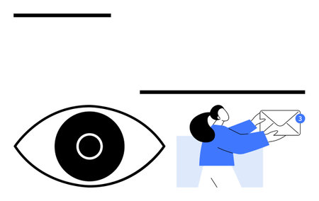 Oversized eye beside a person receiving a new email notification with a 3 badge. Ideal for communication, alert, focus, email services, messaging, productivity, simple landing pageのイラスト素材