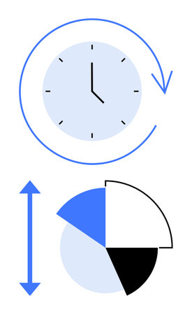Clock with circular arrow symbolizing time, pie chart divided into segments representing data. Ideal...