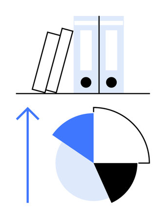Binders on a shelf beside a pie chart and upward arrow representing data analysis, growth, organization, and productivity. Ideal for business strategy, progress, efficiency, finance, educationのイラスト素材