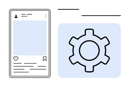 Smartphone screen with profile, post details, and settings gear. Ideal for technology, user interface, app development, customization, social media, digital tools simple landing pageのイラスト素材
