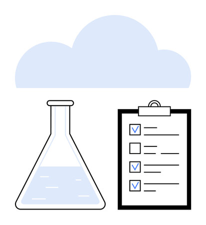 Laboratory beaker with liquid paired with checklist featuring ticked boxes, positioned beneath a cloud. Ideal for science, research, data, experimentation, progress, organization, simple landing pageのイラスト素材