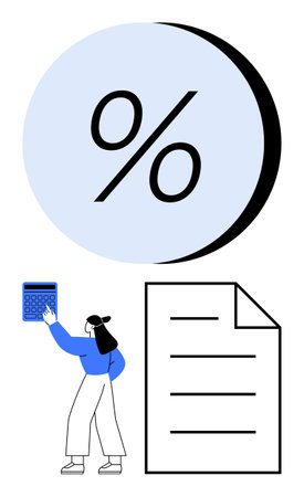 Person holding calculator near percentage icon and paper document, visualizing finance, tax, savings, budgeting, interest, accounting, profit. Ideal for finance scenes and flat simple metaphorのイラスト素材